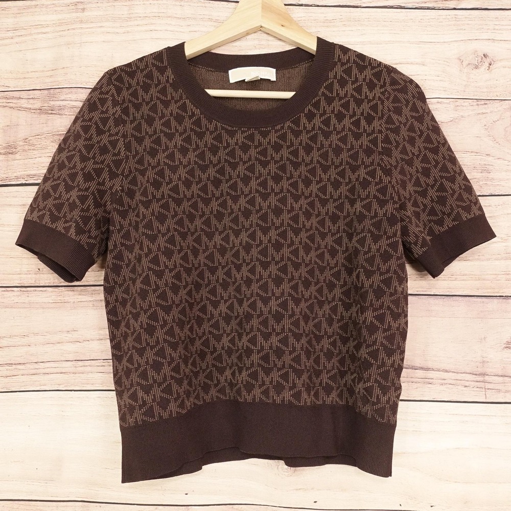 Michael Kors T-Shirt Womens L Brown Crew Neck Short Sleeve Logo Knit Top